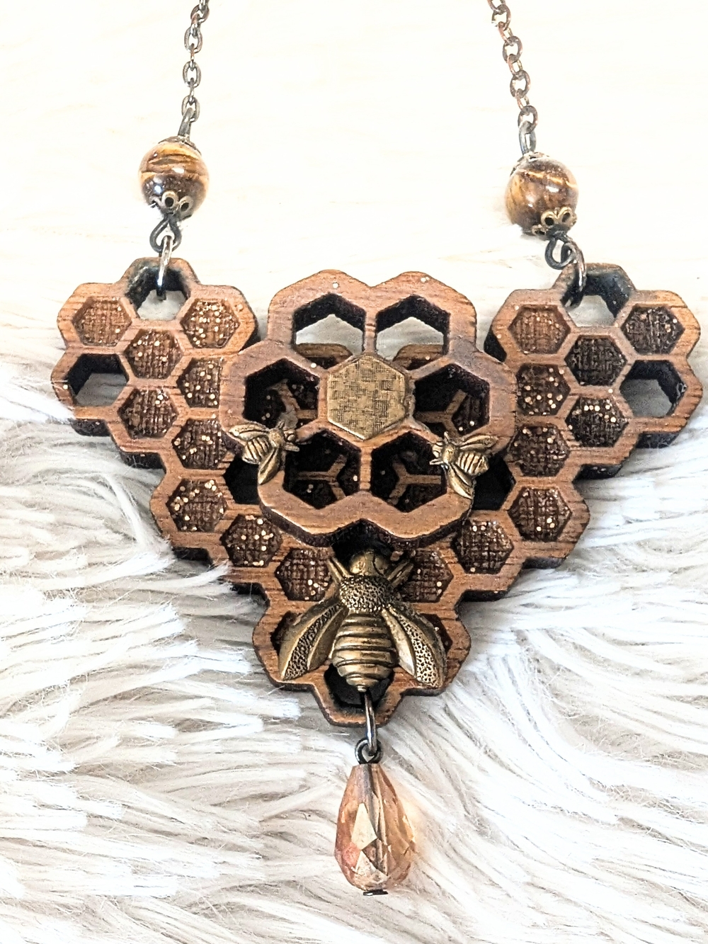 Wooden Honeycomb Bee Pendant Necklace
